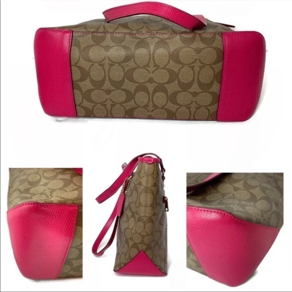 Coach Khaki Brown Pink Signature C Tote Bag Wallet Check Scarf Set 34603 Barbie